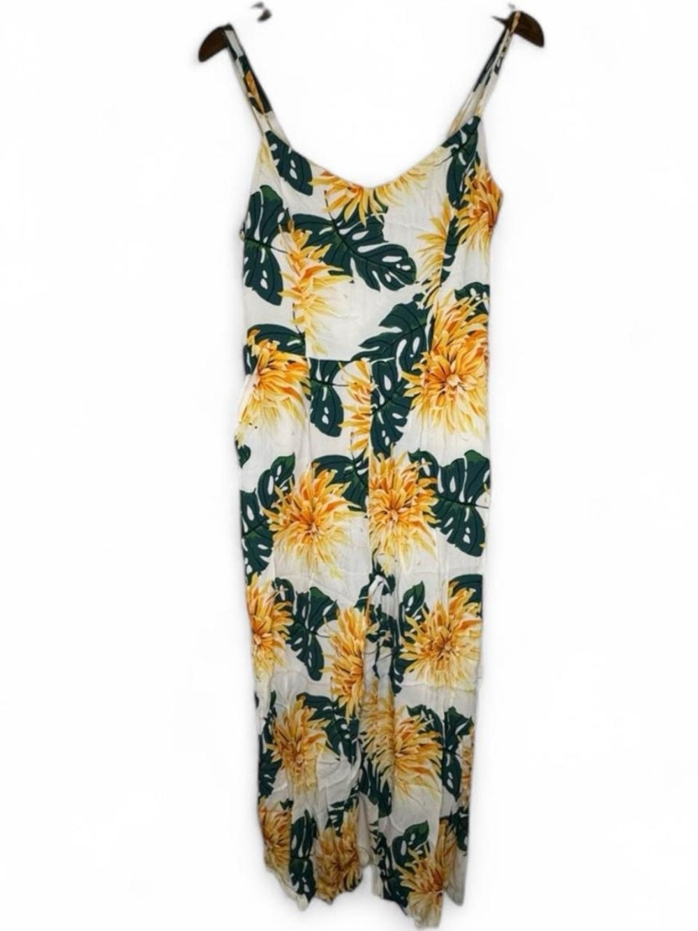 Medium Zara Yellow White Green Floral Tropical Vacation Jumpsuit with Pockets